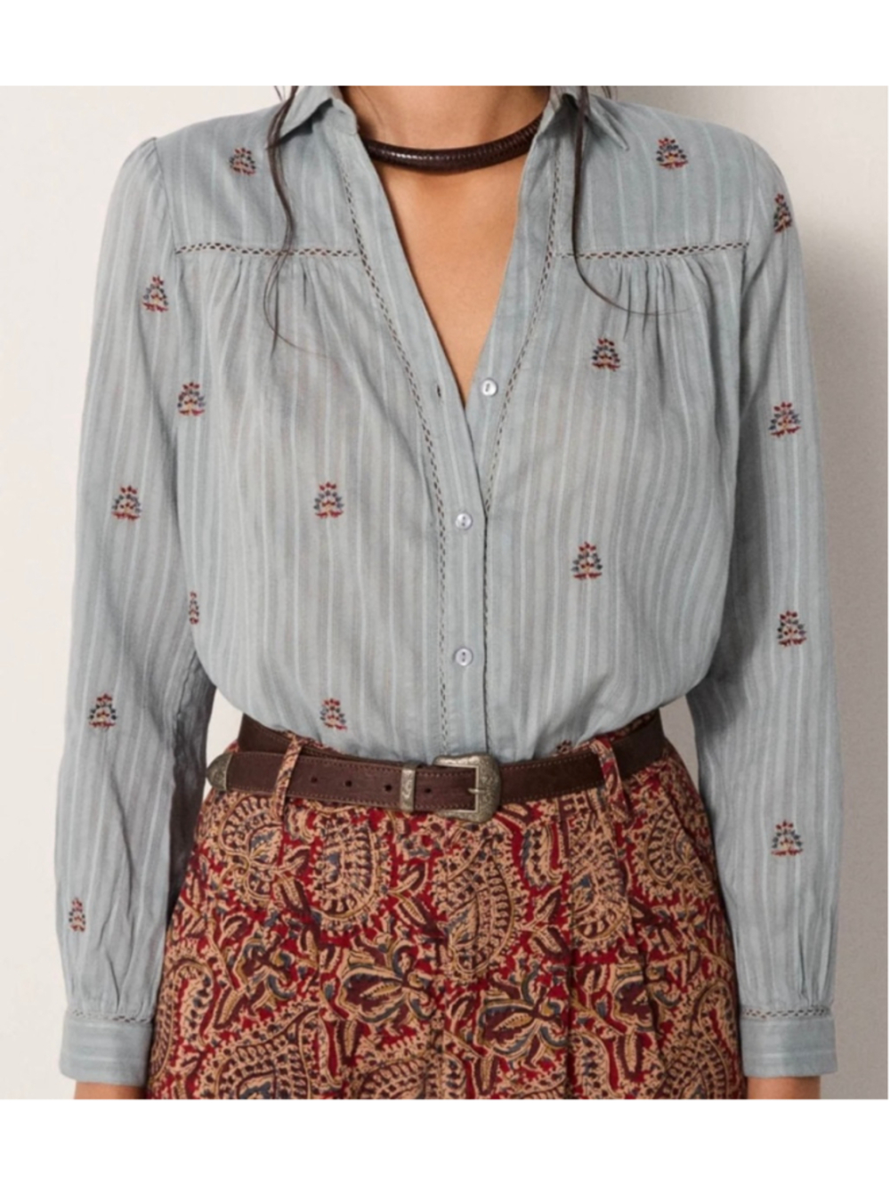 Maison Hotel Amrit Blouse Dusty Blue Embroidered Cotton Boho Top Small